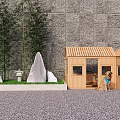 Garden Ornaments With Gray Stone Wall Bamboo White Stones Small Lawn Wooden House And Dog