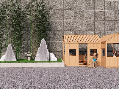 Garden Ornaments With Gray Stone Wall Bamboo White Stones Small Lawn Wooden House And Dog 3d model