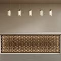 Modern Bar Counter With Golden Geometric Pattern Panel And Hanging Pendant Lights 3d model