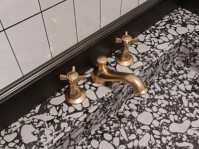 Modern Luxury Golden Faucet With Cross Handles On Patterned Bathroom Countertop Surface 3d model