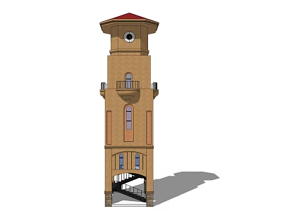 Brown Tower with Red Roof Multiple Windows Balcony And Staircase Entrance 3d model