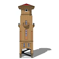 Brown Tower with Red Roof Multiple Windows Balcony And Staircase Entrance