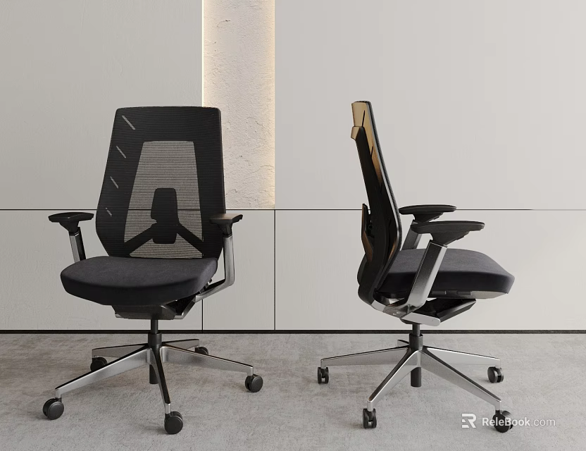 Modern Office Chairs With Mesh Backrest Armrests And Wheels In Minimalist Setting 3d model 