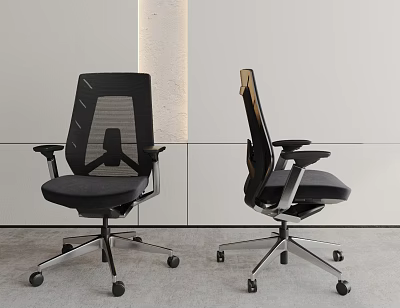 Modern Office Chairs With Mesh Backrest Armrests And Wheels In Minimalist Setting 3d model