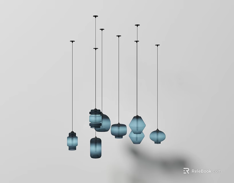 Modern Blue Lantern Shaped Pendant Lights Hanging From Ceiling In Multiple Arrangement 3d model