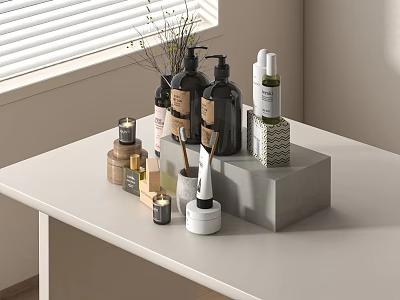 Minimalist Bathroom Accessories Setup With Bottles And Candles On Vanity Table 3d model