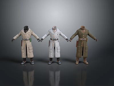 Three Different Color Long Coats With Belt And Pockets For Daily Life Use 3d model