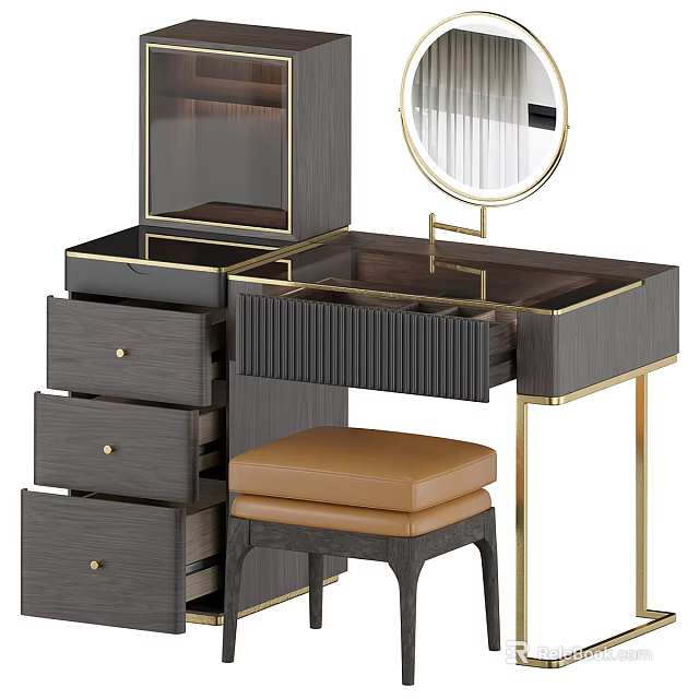 Elegant Modern Dressing Table With Wooden Drawers Round Mirror And Leather Stool 3d model 