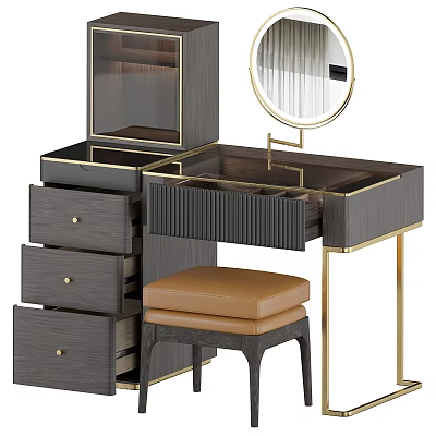 Elegant Modern Dressing Table With Wooden Drawers Round Mirror And Leather Stool 3d model