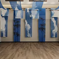 Blue And White Fabric Decorations With Bamboo Patterns Hanging In Wooden Floor Interior Space