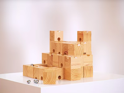 Wooden Building Blocks Stacked with Holes on White Platform and Small Metal Balls 3d model