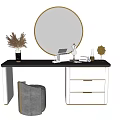Modern Dressing Table With Round Gold Frame Mirror Black Countertop White Drawers And Grey Stool