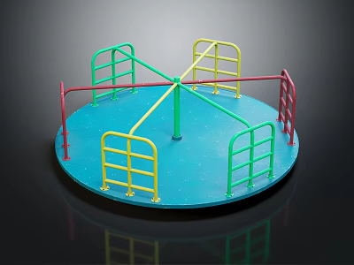 Colorful Spinning Playground Equipment With Blue Circular Base And Green Yellow Red Railings For Kids 3d model