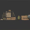 Rustic Vintage Collection With Wooden Shelves Wicker Baskets And Clay Pots