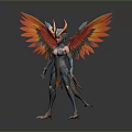 Colorful Mythical Female Warrior With Red Orange Wings Blue Body And Golden Accents