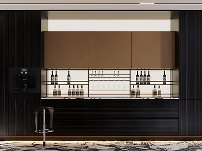 Stylish Modern Wine Cabinet Featuring Dark Wood Finish Glass Display Shelves And Wine Bottles 3d model