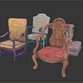 Vintage Wooden Table And Chair Set With Carved Details And Colored Cushions