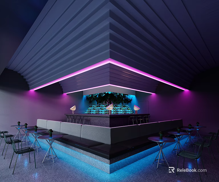 Modern Hotel Lobby With Stylish Purple Neon Lights And Sleek Integrated Bar Lounge Design 3d model 