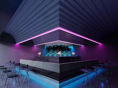 Modern Hotel Lobby With Stylish Purple Neon Lights And Sleek Integrated Bar Lounge Design 3d model