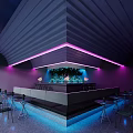 Modern Hotel Lobby With Stylish Purple Neon Lights And Sleek Integrated Bar Lounge Design