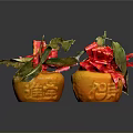 Textured Decorated Oranges With Red Ribbons Green Leaves And Chilies On Black Background