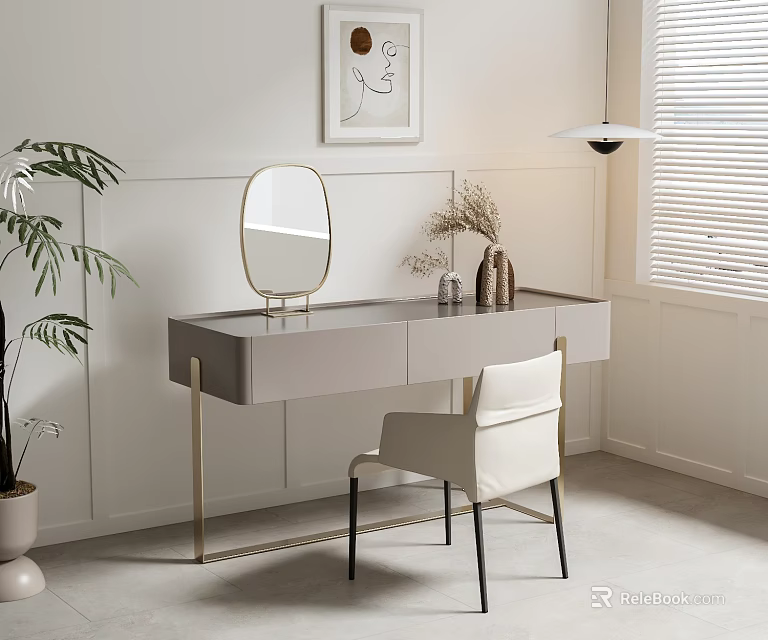 Modern Dressing Table With Gold Metal Legs Round Mirror White Chair And Potted Plant 3d model 