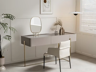 Modern Dressing Table With Gold Metal Legs Round Mirror White Chair And Potted Plant 3d model