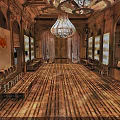 Elegant Indoor Hall Interior With Wooden Decor Chandelier Benches And Murals
