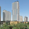 Modern Curved Multi Level Building With Glass Facade Plaza Area And Pedestrians