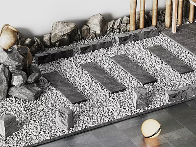 Stone and Wood Garden Pathway Design With Slabs Pebbles And Wooden Logs 3d model