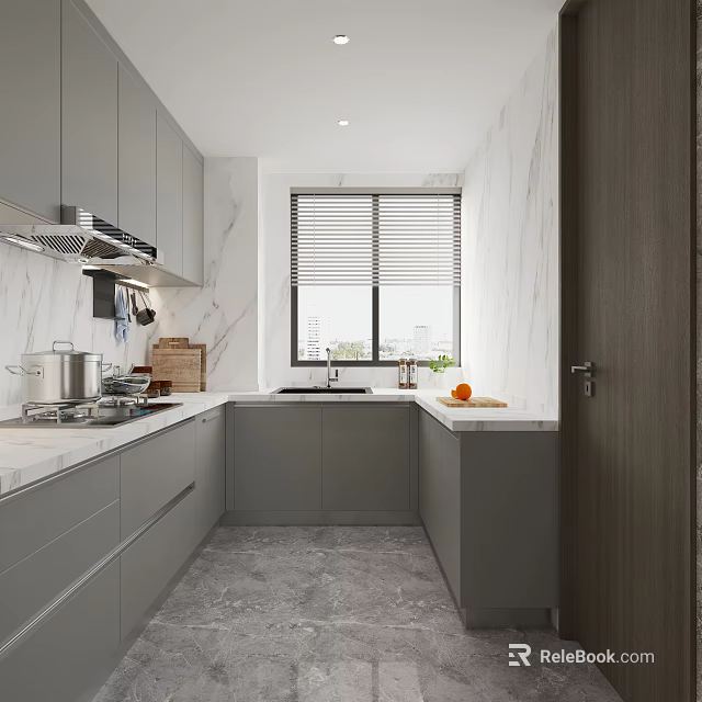 Modern Kitchen Interior Design With Gray Cabinets Marble Countertops And Window Blinds 3d model