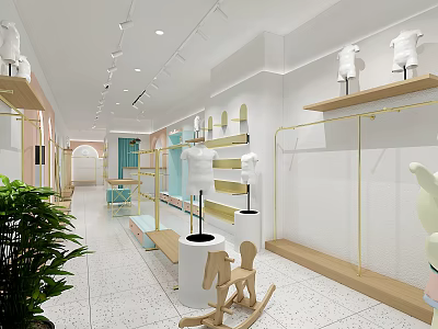 Bright Clothing Store Interior With Mannequins Wooden Shelves Green Plant And Rocking Horse 3d model