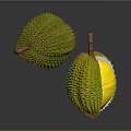 Fresh Durian Fruit One Whole and Half Cut Open Showing Yellow Flesh with Spiky Shell