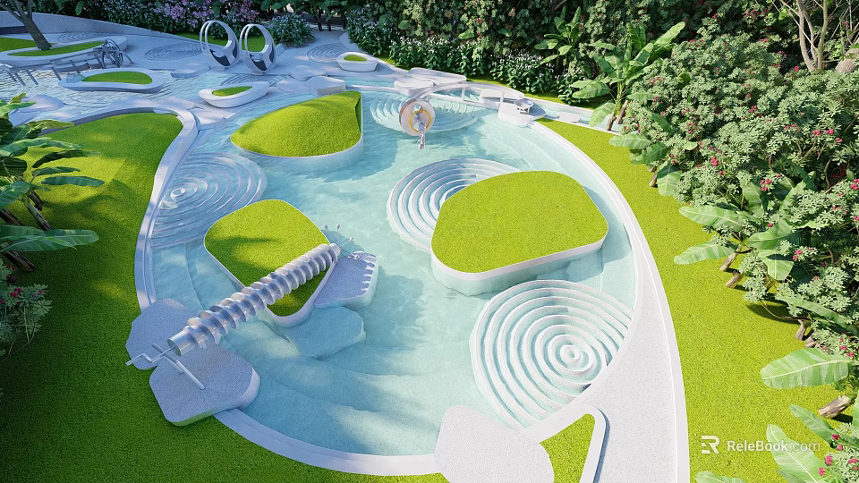 Modern Water Garden Design With Spiral Shaped Lawn Islands And Decorative Sculptures 3d model 