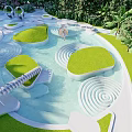 Modern Water Garden Design With Spiral Shaped Lawn Islands And Decorative Sculptures
