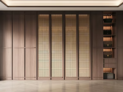 Modern Wooden Wardrobe with Rattan Insert Sliding Doors and Side Shelf with Drawers Baskets 3d model