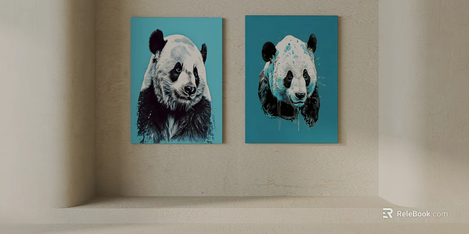 Two Panda Animal Paintings With Blue Background Hanging On Wall 3d model