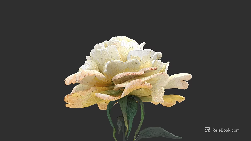Hand Carved Flower Sculpture With White Pale Yellow Petals Green Stems Leaves 3d model 