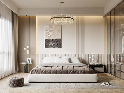 Elegant Modern Bedroom Interior With Crystal Chandelier Abstract Painting And Light Curtains 3d model
