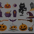 Halloween Icon Collection With Pumpkins Witch Hat Tombstone Bat And Cauldron 3d model