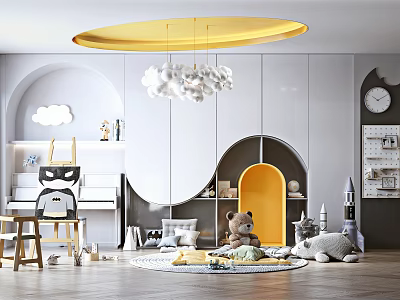 Kids Playroom Design With Yellow Round Pendant Light White Cloud Decor Curved Cabinets Stuffed Toys 3d model