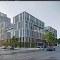 Modern Commercial Office Building with Glass Facade Multiple Floors Urban Street Trees and Parked Cars