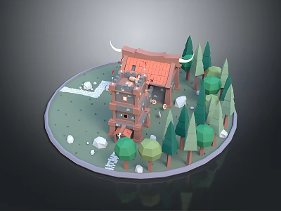 Miniature Daily Life Supplies In Scenic Model With Cottage And Green Trees 3d model