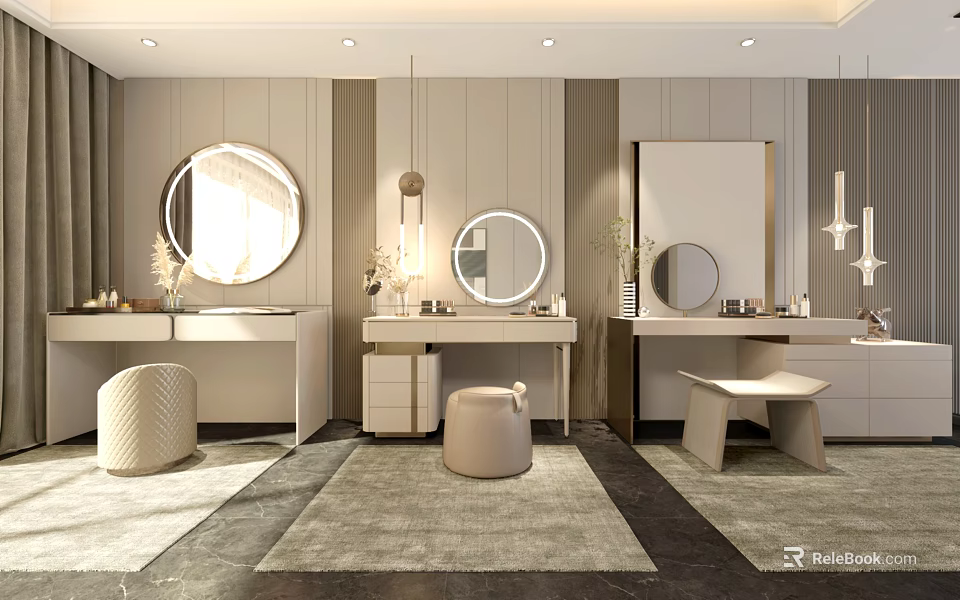 Elegant Minimalist Dressing Tables With Round Mirrors Stools Rugs And Pendant Lights 3d model 