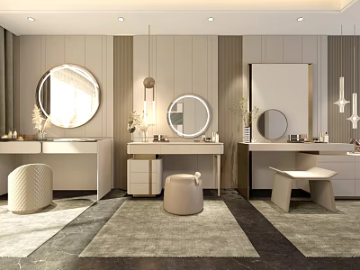 Elegant Minimalist Dressing Tables With Round Mirrors Stools Rugs And Pendant Lights 3d model