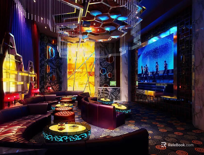 Luxurious KTV Interior Design With Colorful Lighting Large Screen And Comfortable Sofas 3d model 