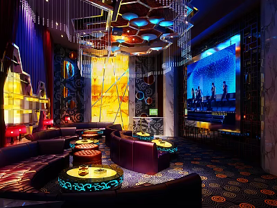 Luxurious KTV Interior Design With Colorful Lighting Large Screen And Comfortable Sofas 3d model