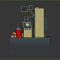 Vintage Electronic Devices Setup With Green Screen Monitor Keyboard Telephone Desk Lamp And Cup