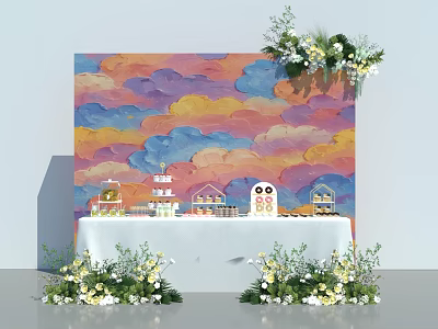 Tea Break Area Featuring Colorful Cloud Wall White Table Miniature Building Models And Flower Decorations 3d model