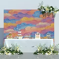 Tea Break Area Featuring Colorful Cloud Wall White Table Miniature Building Models And Flower Decorations